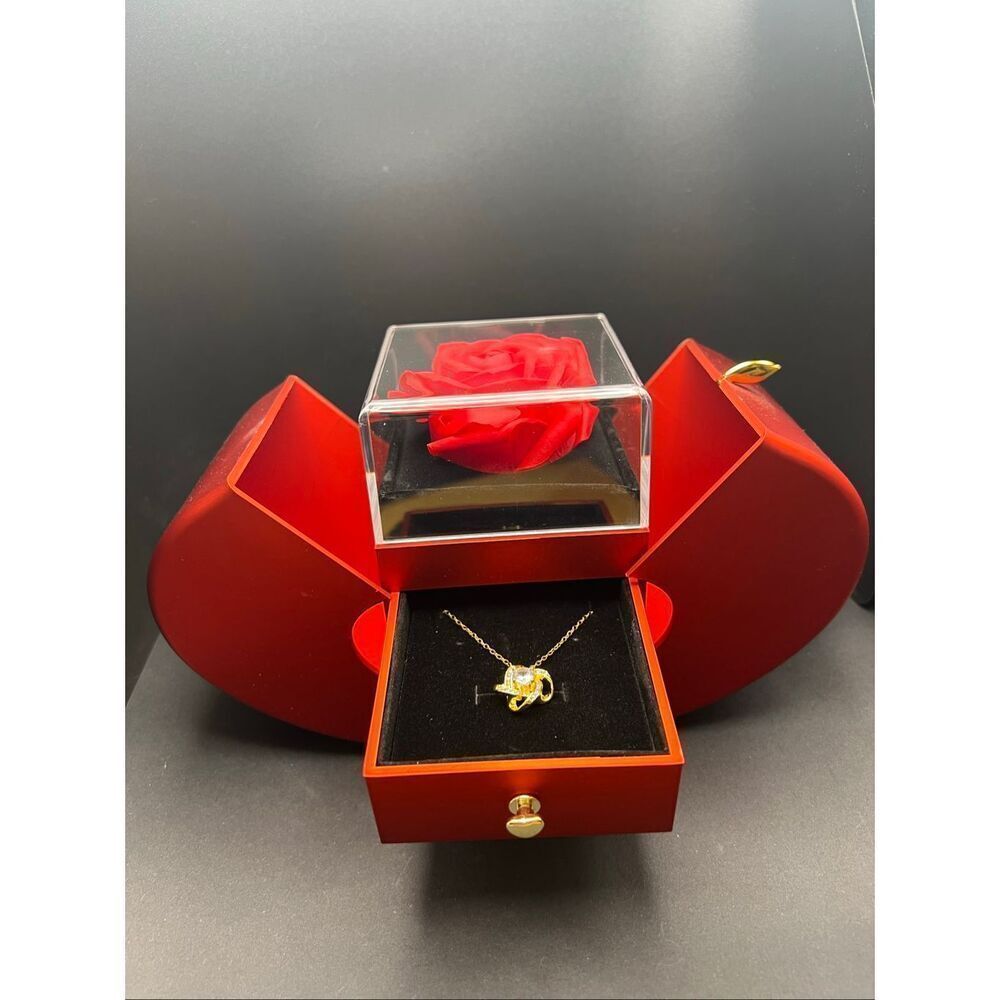 Red Apple Faux Rose Large Gift Box Gold Tone Cubic Zirconia Love Knot Necklace